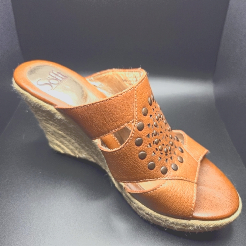 Söfft Leather Studded Cutout Espadrille Wedge Mule Sandals 6.5M Cognac - Picture 3 of 11